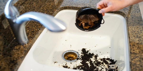 Hand pouring coffee grounds into a sink