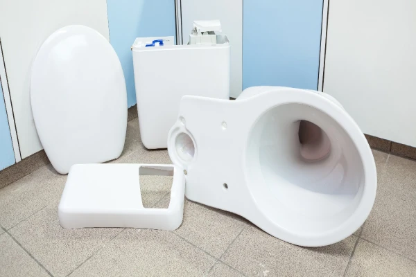  A disassembled toilet waiting to be put together and installed during an appointment for toilet replacement in Mississauga, ON.