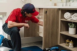 Mr. Rooter professional fixing a pipe under a bathroom vanity.