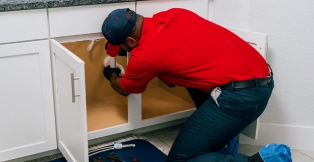 Mr. Rooter service professional fixing a pipe under a sink.