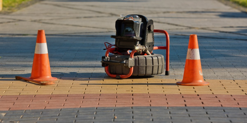 A plumbing video camera set up between two traffic cones before being used for a sewer camera inspection in Calgary.