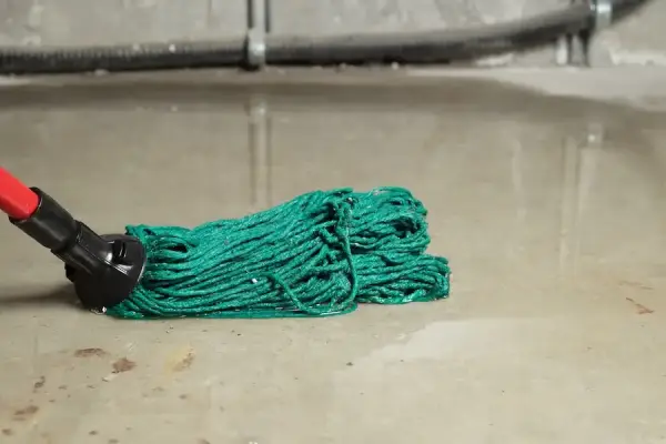 Green mop cleaning up flooded basement floor.