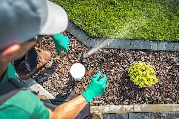 A sprinkler system expert adjusting a sprinkler head.