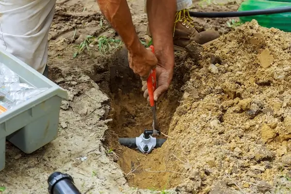 Irrigation system expert tending to an in-ground sprinkler system